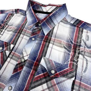 Rock 47 Wrangler Shirt Mens XL Plaid Embroidered Pearl Snap Western Cowboy